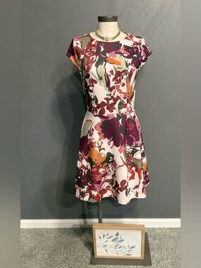 Beige by eci Floral Fit & Flare Mini Dress in White, Plum and Mustard